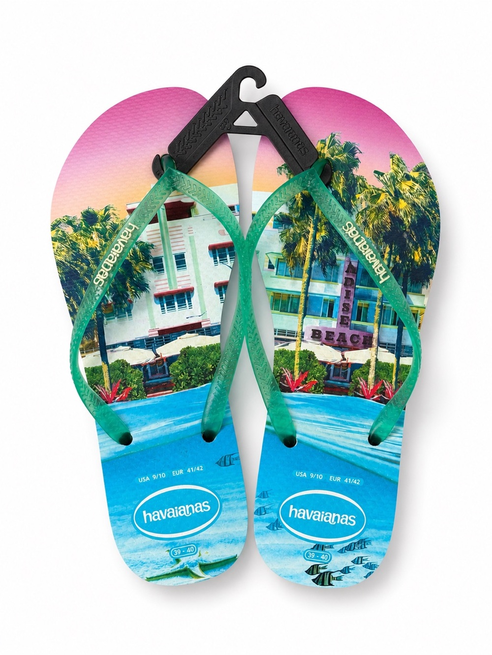 Havaianas Teal-Strap Flip Flops with Pink & Blue Tropical Print size 9/10